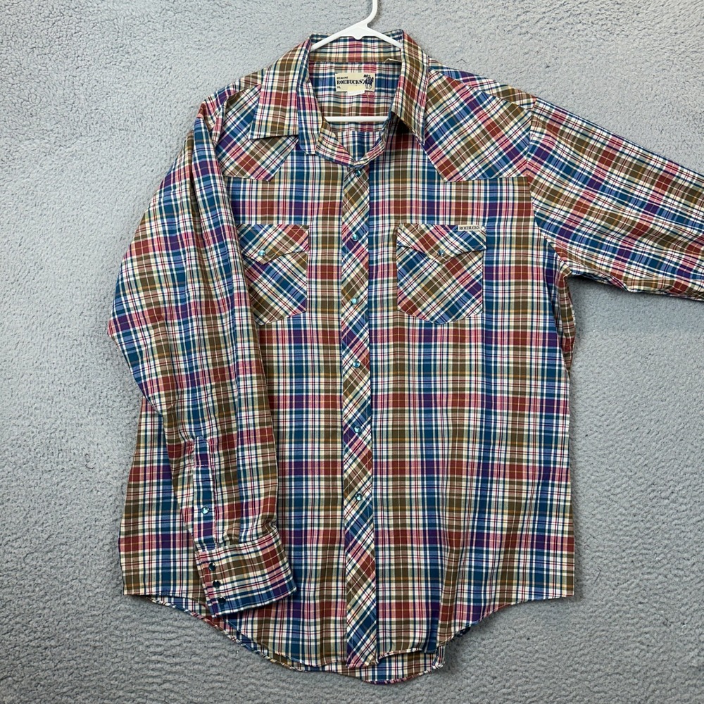 Vintage Roebucks Shirt Mens XL 64031 Multi Plaid Western Pearl Snap Flap Pocket